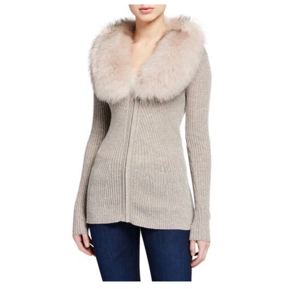 Neiman Marcus Cardigan Gray Cashmere Fox Fur Collar Metallic Ribbed Knit Sweater